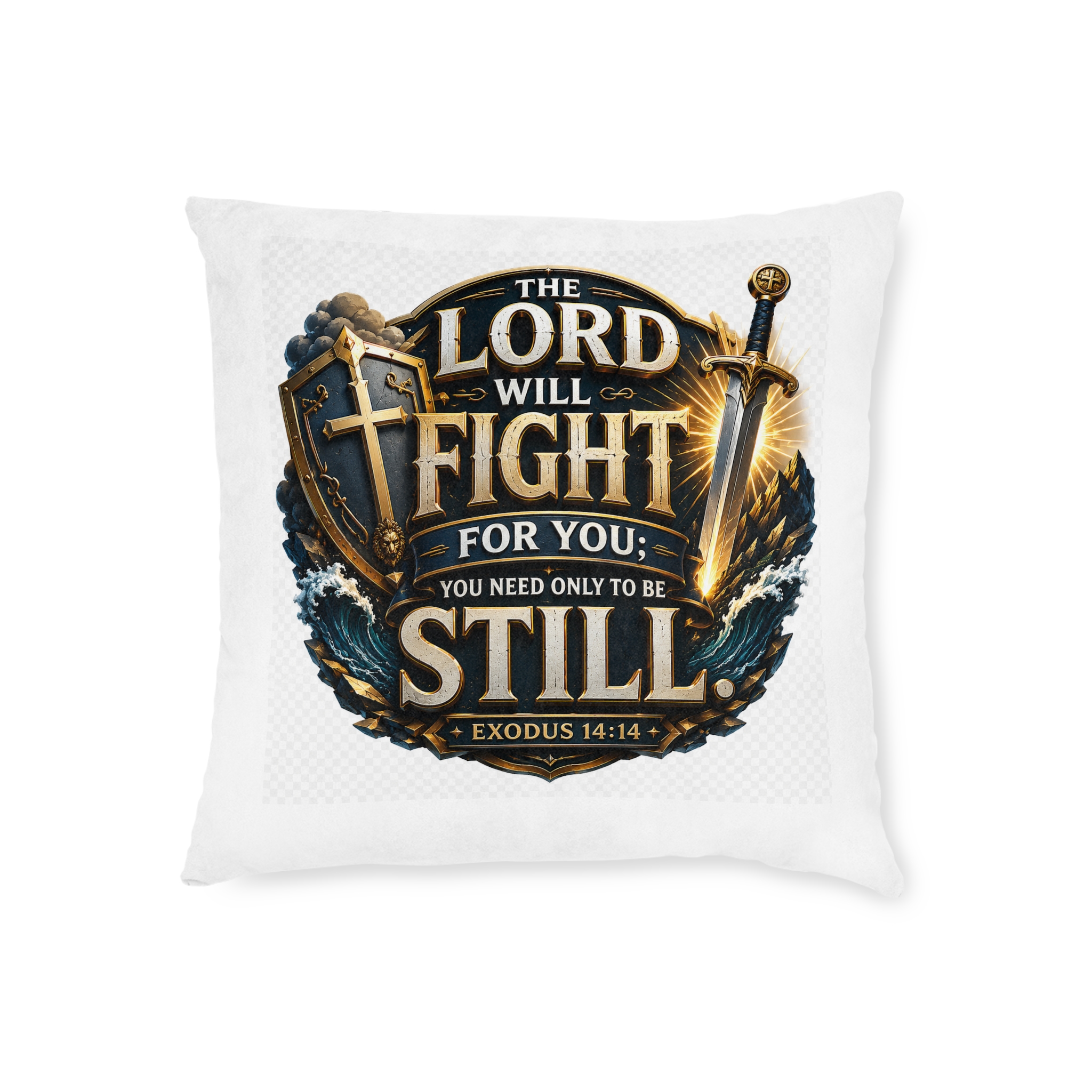 Faith Pillow — "The Lord Will Fight For You; You Need Only Be Still" (Exodus 14:14) Decorative Christian Square Pillow - Image 3