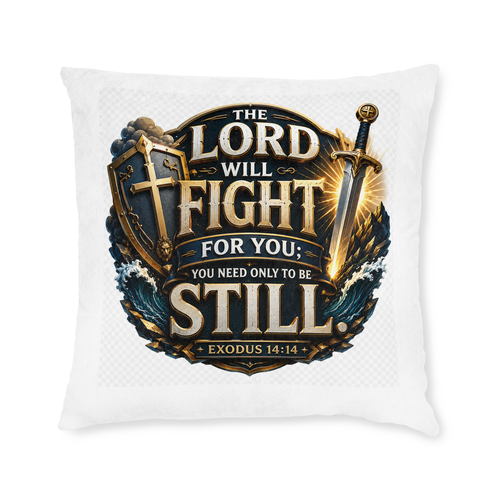 Faith Pillow — "The Lord Will Fight For You; You Need Only Be Still" (Exodus 14:14) Decorative Christian Square Pillow - Image 2